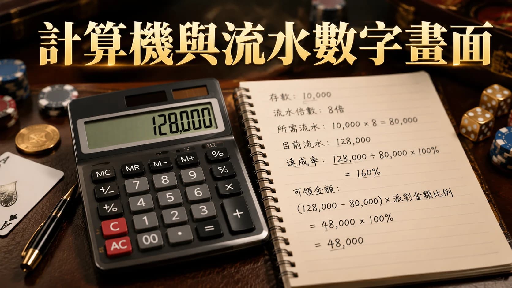 計算機與寫著數字的筆記本並排在桌上的畫面