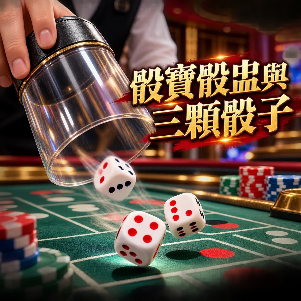 搖動中的骰盅與桌面上三顆骰子特寫