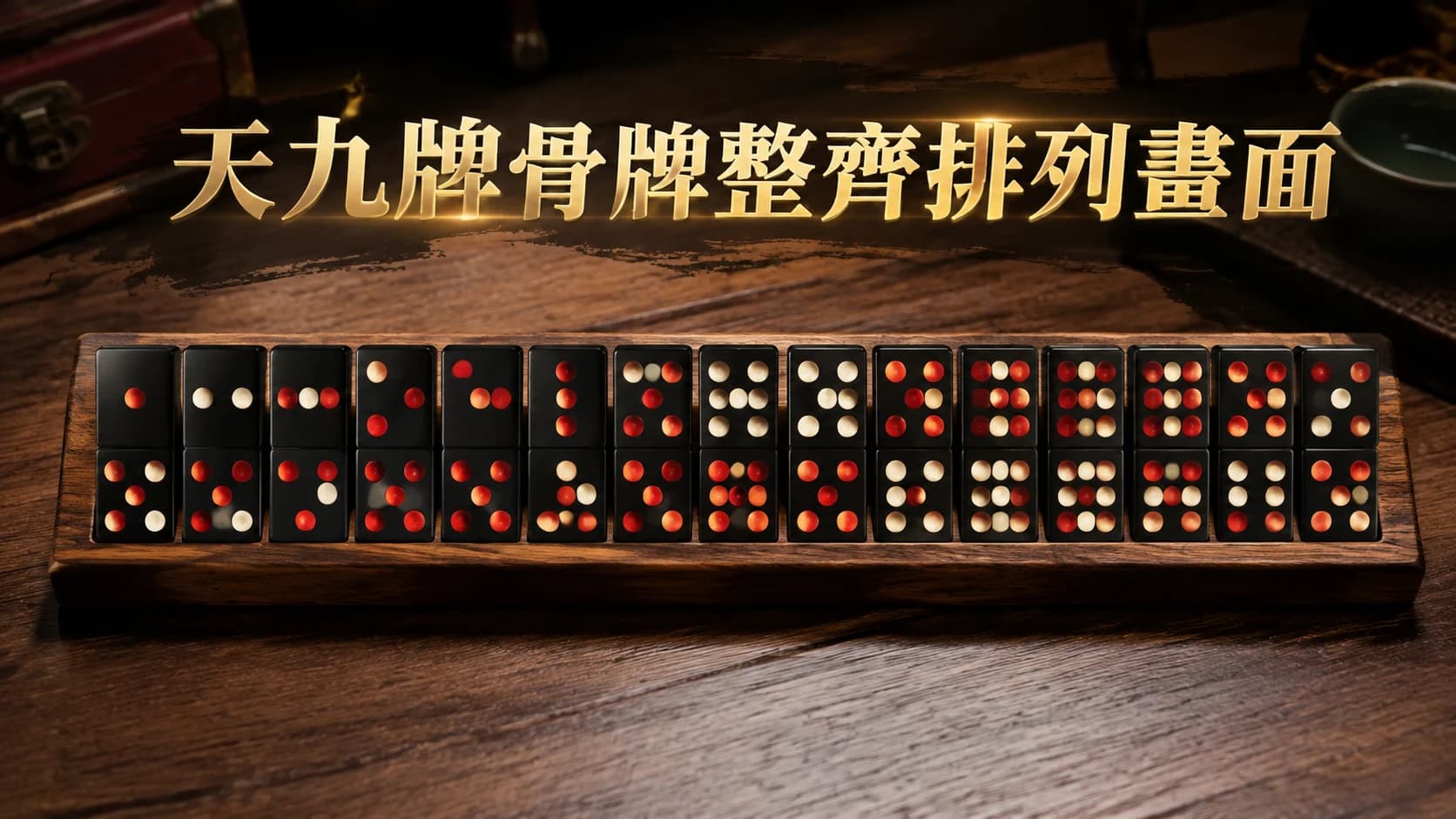 一組天九骨牌整齊排列在桌面上的畫面