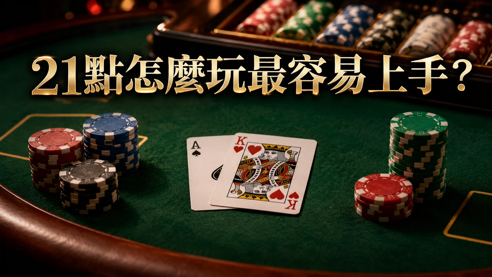 綠色賭桌上兩張撲克牌面朝上與籌碼疊放