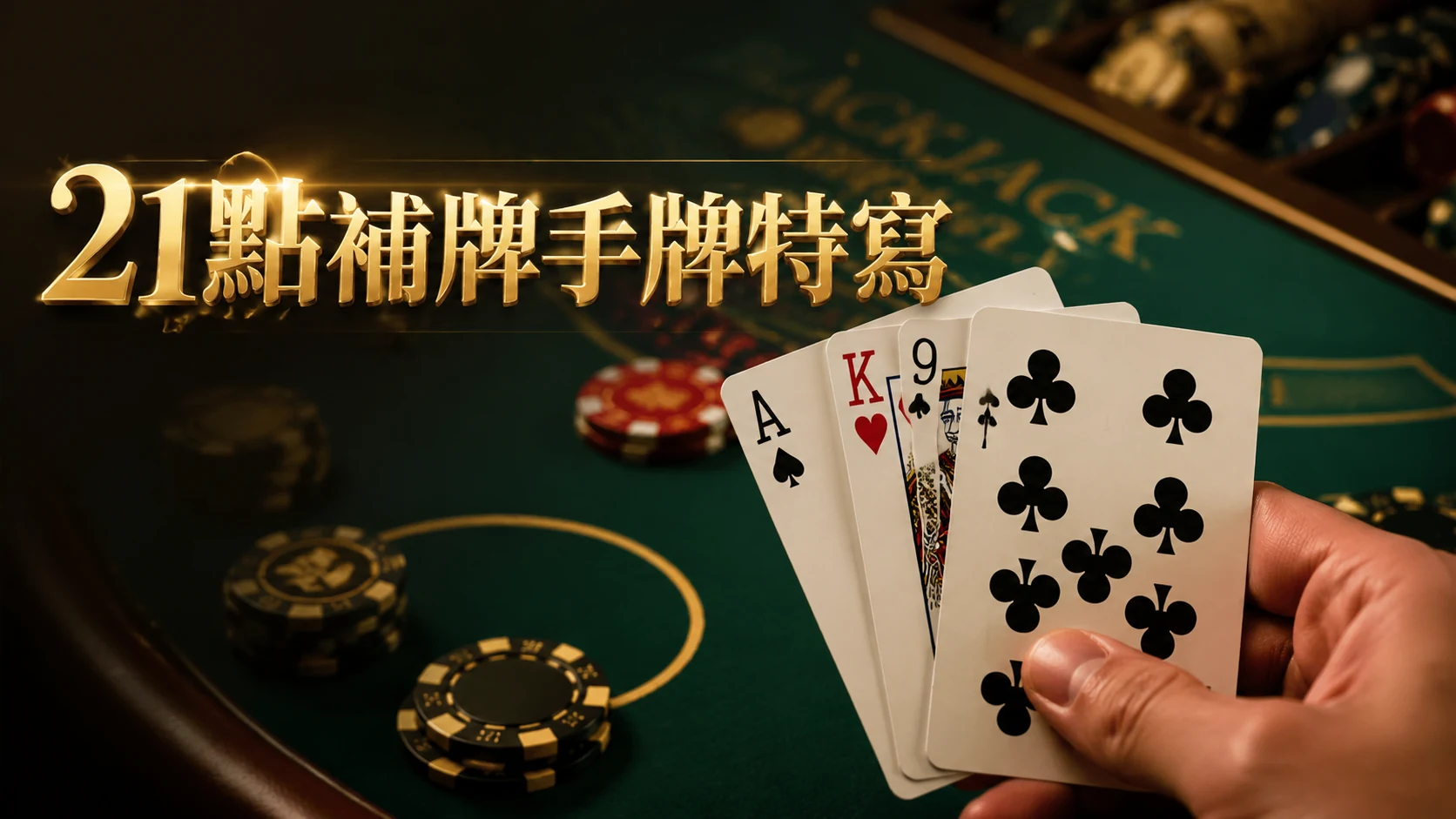 玩家手上牌型接近21點的近距離拍攝
