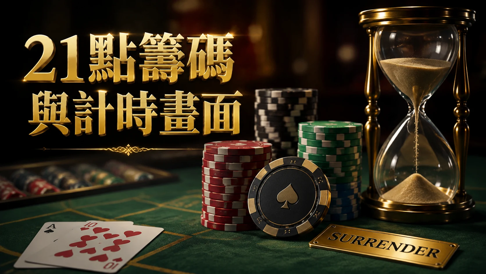 賭桌上籌碼堆與沙漏並列呈現決策壓力