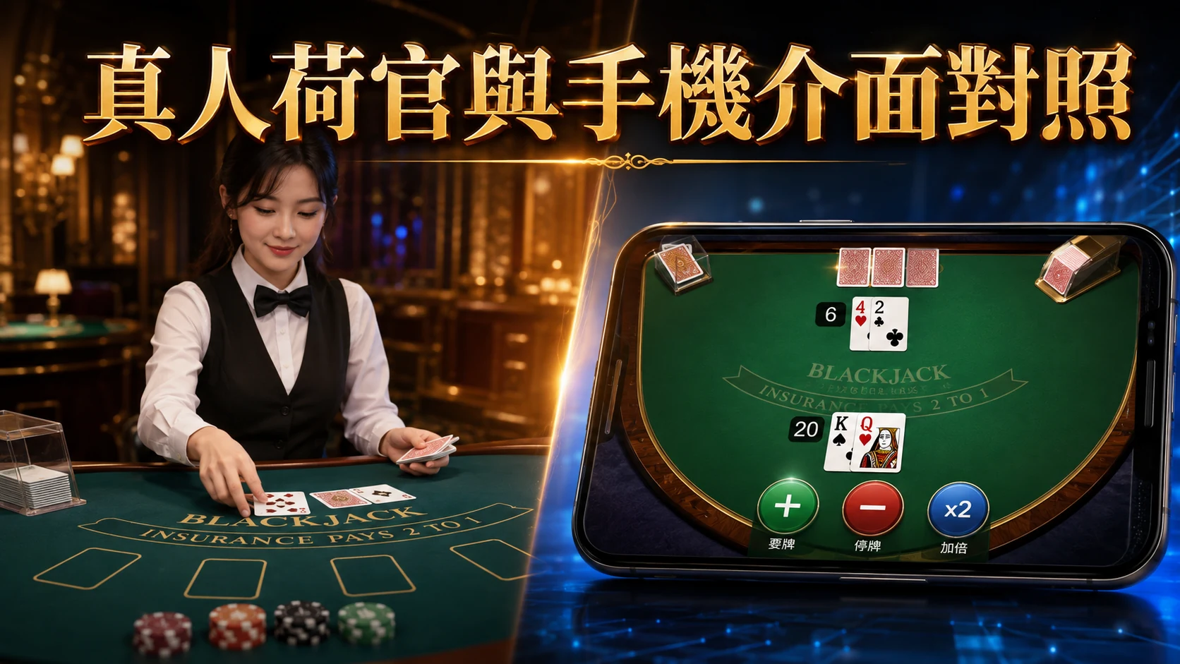 左邊真人荷官發牌畫面右邊手機21點介面畫面並列