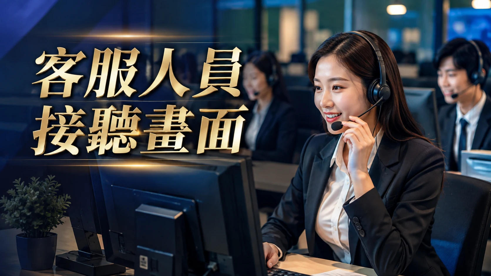 客服人員配戴耳機在電腦前應答的畫面