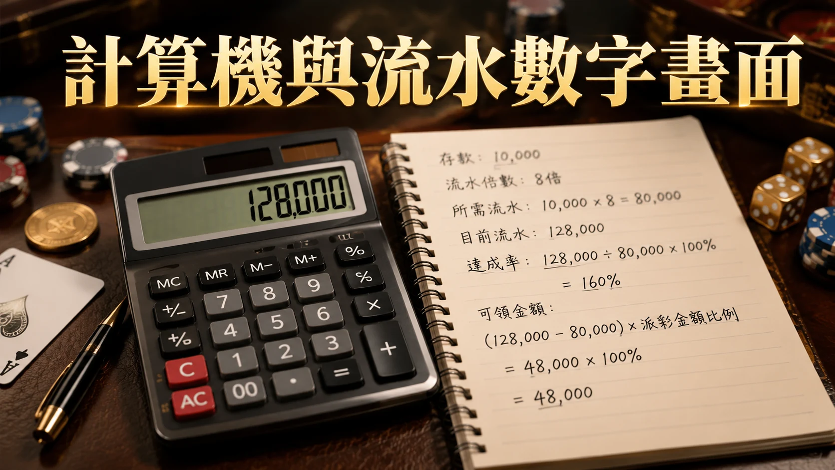 計算機與寫著數字的筆記本並排在桌上的畫面