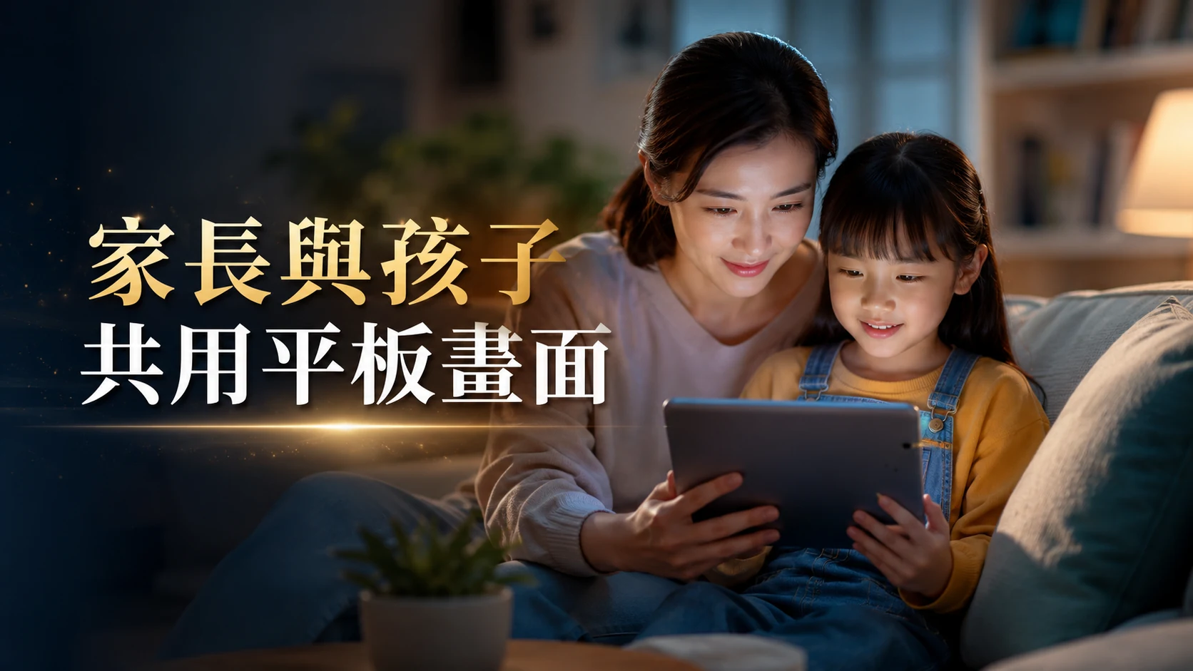 家長陪同孩子一起使用平板電腦的畫面