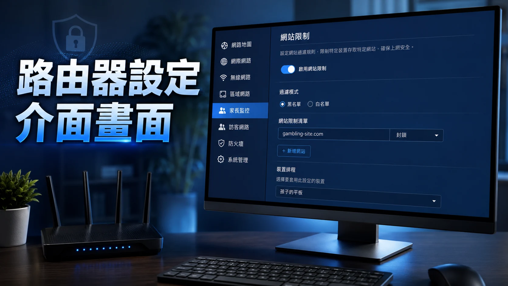電腦螢幕顯示路由器管理後台的畫面