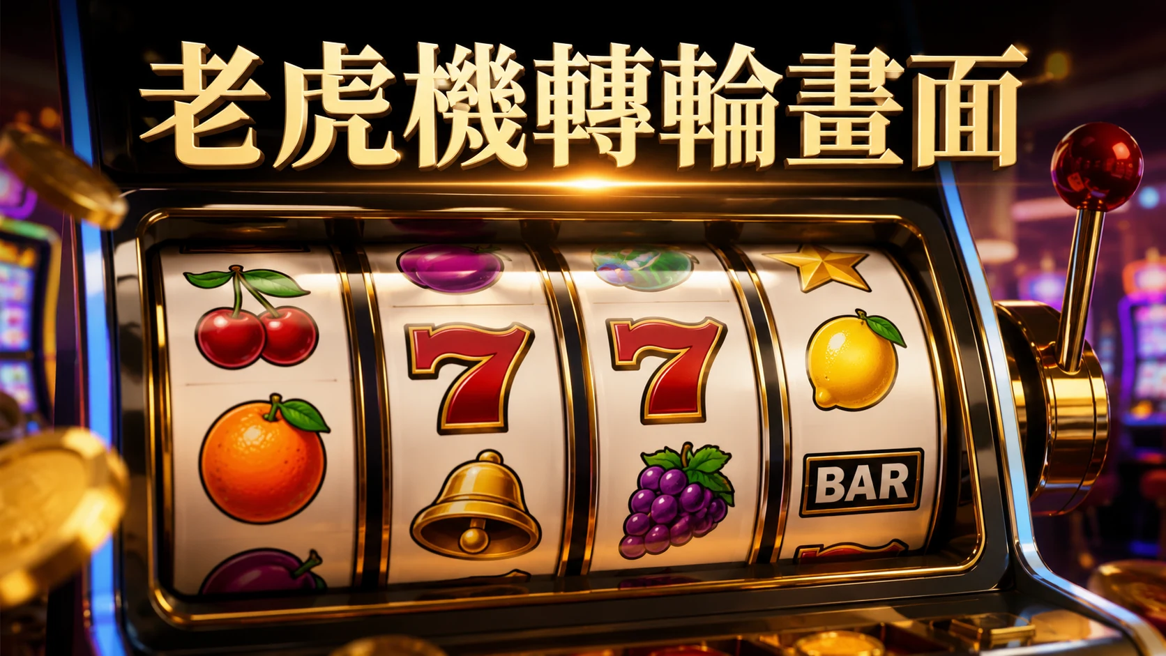 老虎機螢幕上多顆圖案轉輪停止瞬間的畫面