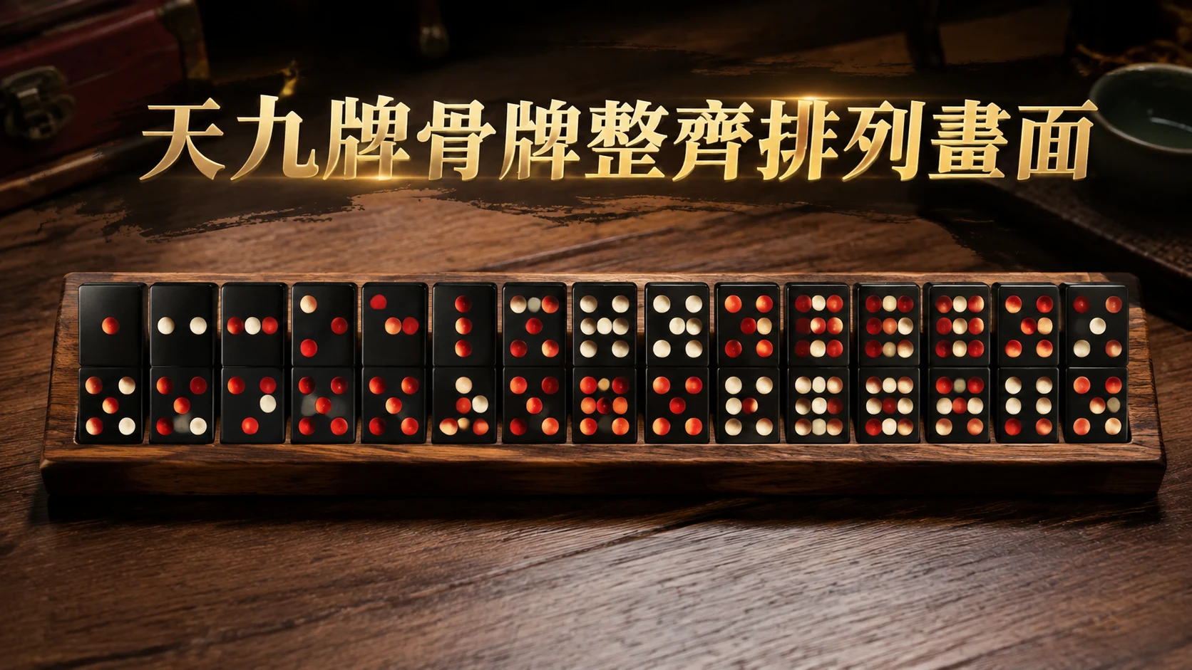 一組天九骨牌整齊排列在桌面上的畫面