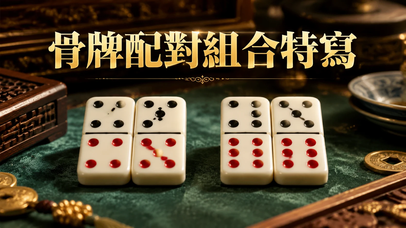 兩副骨牌並排組合呈現配對關係的特寫畫面